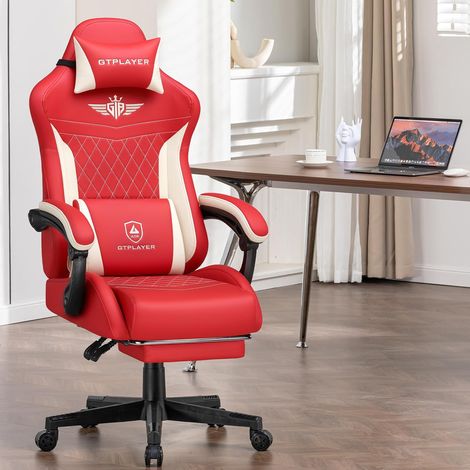 Chaise de gaming ergonomique en cuir synthétique avec support lombaire - Chaise PC avec dossier élargi - Charge maximale : 150 kg - Rouge