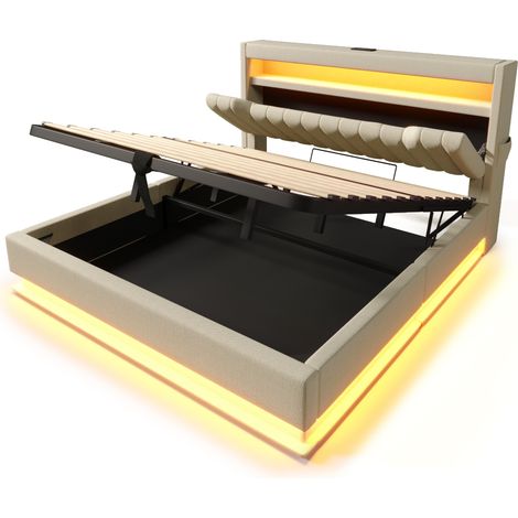 Cama doble tapizada 140x200 cm con LED, almacenaje y puertos USB-C, beige de lino HOMVRA (1/5)