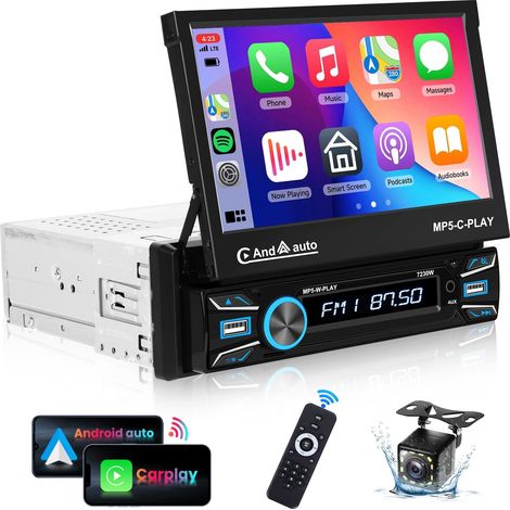 Autoradio 1 Din avec Carplay Android Auto sans Fil, Autoradio Bluetooth 7 Pouces avec Écran Tactile Pliable, Radio FM RDS, Mirror Link, 2 USB, SWC, MIC, Caméra de Recul (1/5)