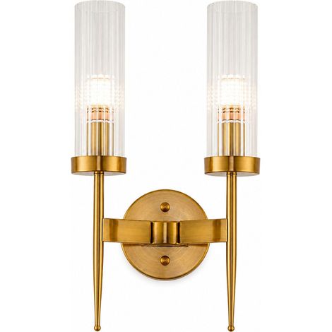 Applique Murale Vintage 43 cm Cristal Verre Strié E14 2 Lumière Finition Laiton Luminaire mural filaire avec verre transparent pour chambre couloir salon escalier et entrée (1/5)