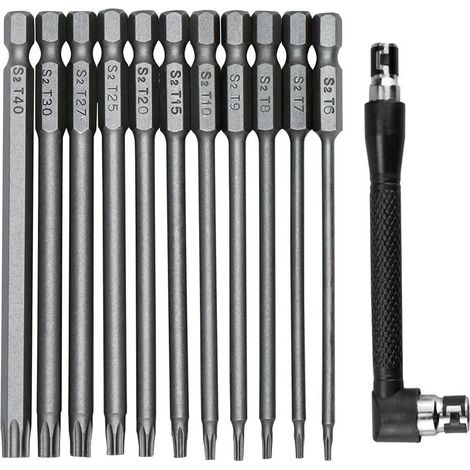Lot de 11 tournevis Torx de sécurité 75 mm à tige hexagonale 6,35 mm T6 T7 T8 T9 T10 T15 T20 T25 T27 T30 T40 avec porte-embout de tournevis d'angle en L (1/5)