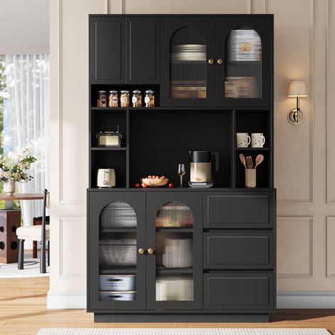 Buffet haut de cuisine 106x30x175 cm - Vaisselier avec portes acryliques arquées bar de salon éclairage led connecté app mdf - Noir (1/5)