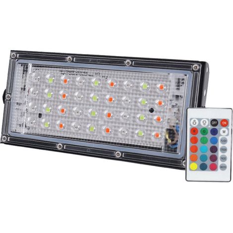 Projecteur LED RGB 50 W pour éclairage paysager extérieur – Spot orientable avec télécommande de changement de couleur, sans prise, câble intégré – Idéal pour jardins, terrasses et façades