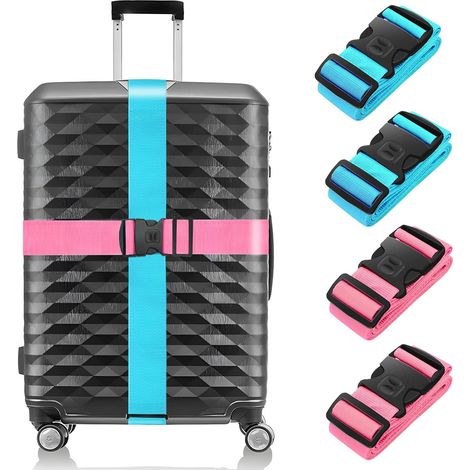 Lot de 4 Sangles de Bagage pour valises, Sangles de Bagages Robustes, Sangles réglables - Accessoire de qualité supérieure pour Fermeture de Sac de Voyage (Rose + Bleu)