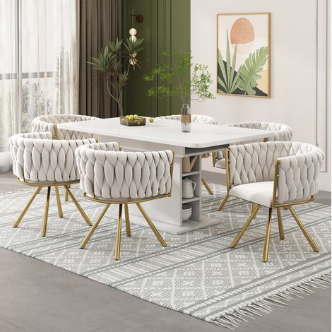 Chaise de salle à manger pivotante en velours, lot de 6, beige et doré HAVRYA (1/5)
