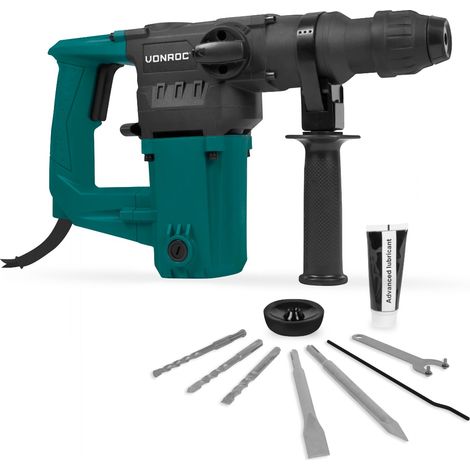 VONROC Martillo perforador - 1050W - 4,5 Julios - Velocidad ajustable - SDS plus - 3 funciones - Incluye brocas y cinceles (1/5)
