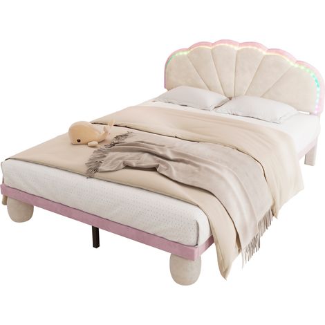 Lit double rembourré 140x200 cm en velours beige et rose, tête de lit ondulée avec bandes lumineuses multicolores, sommier à lattes en bois, pour enfant CHICFURN (1/5)