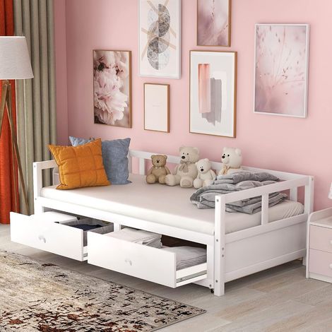 Wooden sofa bed with pull-out bed and two storage drawers, extendable bed for bedroom, living room, white (1/5)