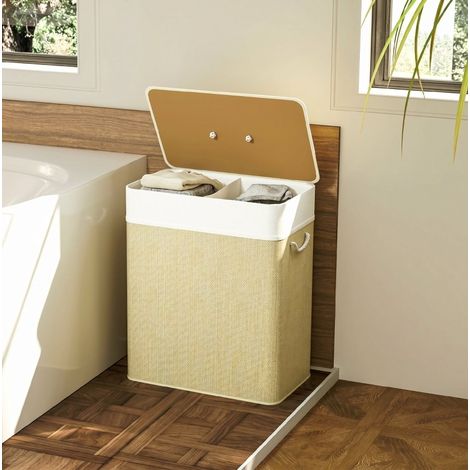 Cesta para la ropa de bambú con tapa, 100 L, 2 compartimentos, asas de cuerda, blanca DESVIAE (1/5)