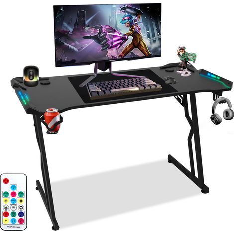 Wolketon Gaming Tisch LED, 140 x 60 cm großer Gaming-Schreibtisch mit Karbonfaserplatte, ergonomischer Computertisch mit Mauspad, Getränkehalter und Kopfhörerhaken, Schwarz