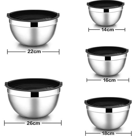 Lot de 5 saladiers empilables en acier inoxydable avec couvercle hermétique pour la cuisine, la cuisson, la pâtisserie, etc