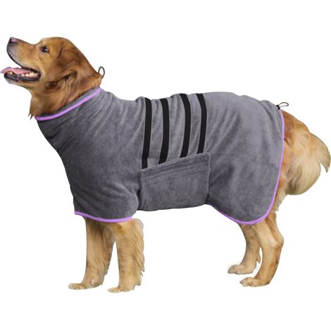 Manteau séchant pour chien, sac de séchage en microfibre – Peignoir absorbant pour chiens et chats, col et sangle ventrale réglables, séchage rapide – Taille L, Gris (1/3)