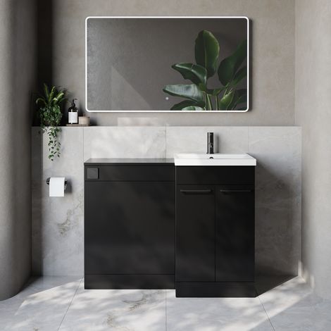 Napoli 390 Cento Matt Black 1100mm 2 Door Vanity Unit Toilet Suite with Glide Basin - 1100mm - Matt Black 160mm HandleWithout Kingston Toilet Pan