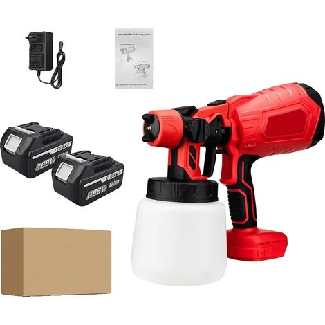 Pistolet à peinture électrique, design sans fil, contrôle de débit réglable, 2 Grande Batterie rouge (1/2)