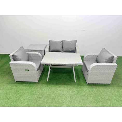 Fimous Light Grey PE Wicker Rattan Garden Furniture Set Sofa Set Reclining Chair Love Sofa Rectangular Dining Table Side Table (1/4)
