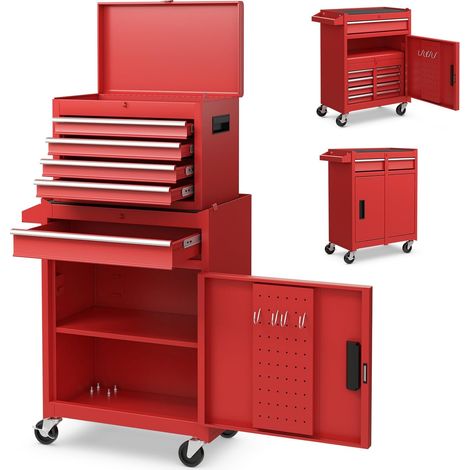 Goplus – Servante d'atelier roulante avec coffre amovible – 5 tiroirs – Dimensions 59x28x102cm – Capacité 55kg pour garage et atelier – Rouge