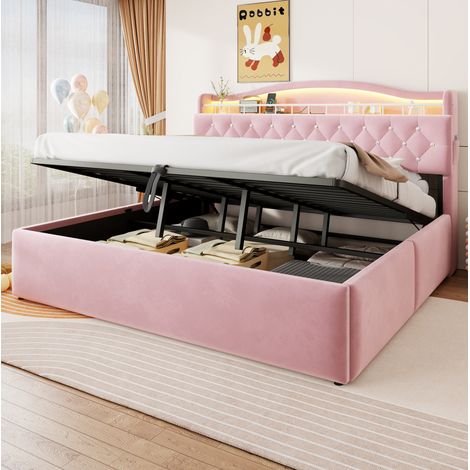 Lit coffre 180x200 cm avec coffre hydraulique, LED, ports USB/USB-C et tête de lit avec rangements, tissu - rose (1/5)