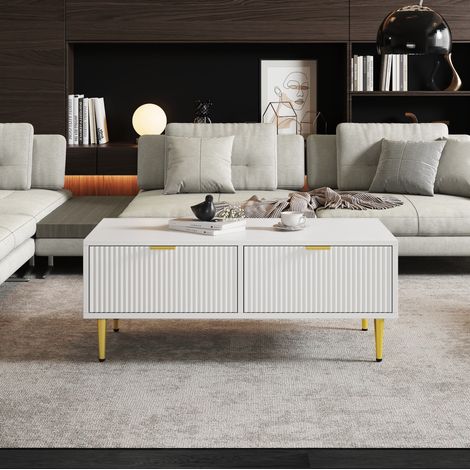 Mesa de centro 100 x 50 x 40 cm con 2 cajones, MDF blanco y dorado DESVIAE (1/5)