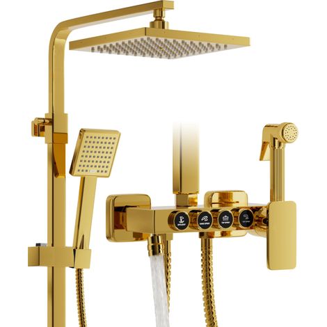 Colonne de douche,Or brillant,Multifonctionnel 4 en 1,Comprend une douche de tête carrée,Une douchette,Un robinet de baignoire et une douchette bidet,Hauteur et angle réglables (1/5)