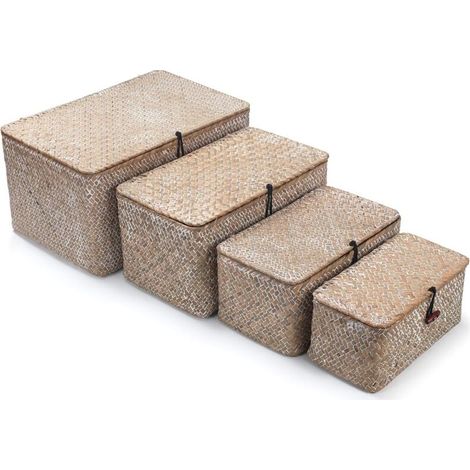 Cestino in vimini con coperchio, cestino portaoggetti in erba marina, scatola decorativa intrecciata per organizzare gli scaffali, bianco (1/4)