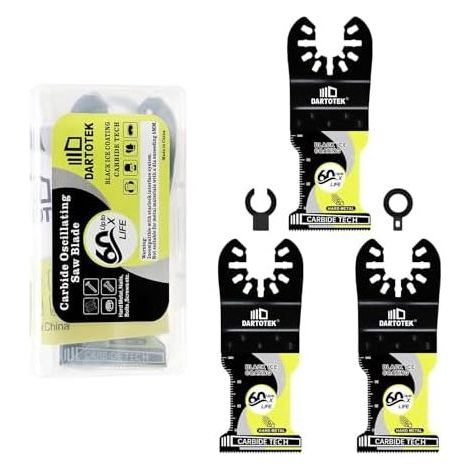 Lames de Scie Oscillante, Lame Outil Multifonction pour le Métal Dur, Bois, Revêtu Titane, 3 Pièces, Accessoires Oscillants Universels avec 2 Adaptateurs - (1/5)