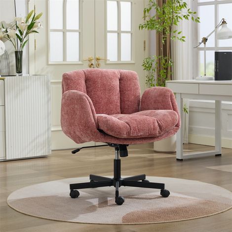 Chaise de Bureau Pivotante Chenille - 57.5x60x92.5cm - Accoudoirs Réglables Double Coussin Hauteur Ajustable - Rose Poudré (1/5)