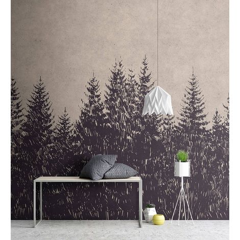 Papier peint panoramique forêt effet dessin | Tapisserie panoramique nature beige & noir | Papier peint panoramique moderne idéal salon - 270 x 400 cm (4 pièces) (1/5)