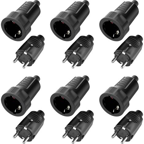 Lot de 6 paires de fiches - 250 V - 16 A - Prise étanche - En caoutchouc - Pour l'extérieur - Noir (1/5)