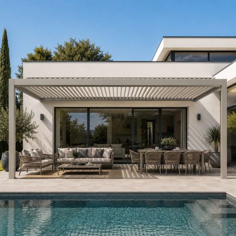 Pergola Bioclimatique Aluminium Adossée Motorisée Éclairée 5x3,5 Gris SV ORIAL France (1/5)