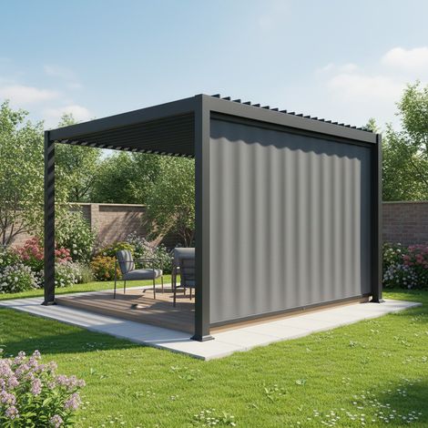 Store textilène gris 4 m pour pergola Zeus – Toile 380 g/m² – Cadre aluminium thermolaqué gris anthracite – Rails de guidage inclus – Gecko Outdoor (1/5)