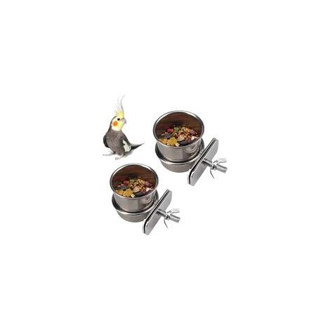 Set aus 2 hängenden Vogelnäpfen aus Edelstahl mit Clip-Halterung für Papageien und Unzertrennliche (4,4 cm/5,5 cm). – Crezuo