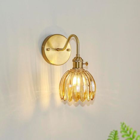 Applique murale vintage en laiton , tube incurvé en forme de petite fleur ambrée, idéale pour la chambre, la table de chevet, le salon, etc., lumière blanc chaud (1/3)