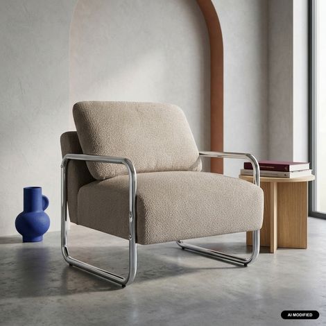 sweeek - Fauteuil vintage tissu chenille armature chromée beige foncé - Joe