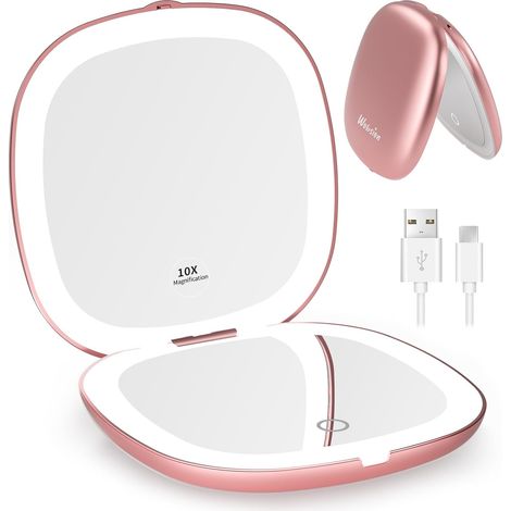 Miroir de Poche Rechargeable, Miroir de Voyage Grossissant 1x/10x avec Lumière LED, Miroir de Maquillage Double Face pour Sac à Main, 10cm, Or Rose (1/5)