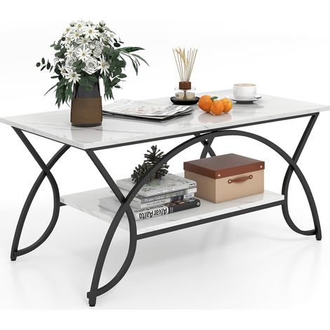 COSTWAY Couchtisch Marmor Optik, Kaffeetisch mit Ablage und Metallgestell, Wohnzimmertisch, Beistelltisch, Sofatisch für Wohnzimmer, 100 x 50 x 45 cm (Schwarz-weiß) (1/5)