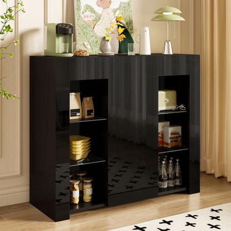 Aparador 95x35x83 cm negro en tablero de partículas con frente brillante, puerta y estantes de vidrio (1/5)