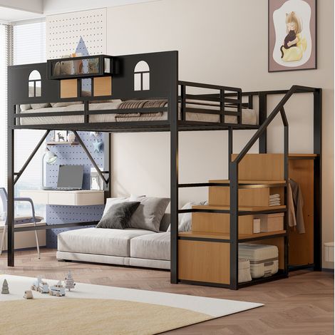 Lit mezzanine 140/200 cm noir en métal avec échelle de rangement et tablette intégrée (1/5)