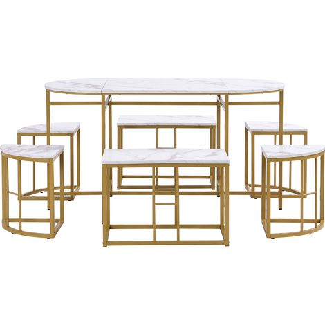 Esszimmertisch-Set für 6 Personen aus MDF mit goldfarbenem Eisenrahmen (1/5)