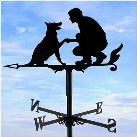Wetterfahne mit Windrichtungsanzeige, Mann und Hund, hohlgeschnitztes Design, Edelstahl, Windrichtung, schwarz, für Garten, Hof, Dach FLITI (1/4)