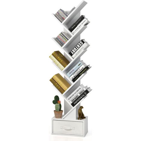 Tree Bookshelf 59” Narrow Free-standing Bookcase Storage Organizer-White (1/5)