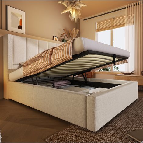 Cama tapizada 90/200 cm beige de lino con almacenaje y cabecero con cargador USB (1/5)
