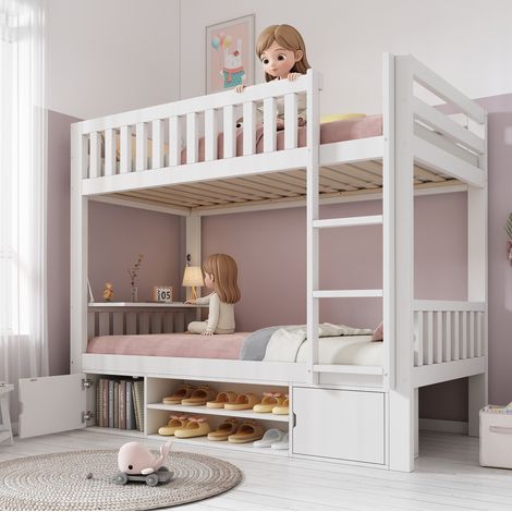 Lit superposé enfant 90x200 cm blanc en bois gain de place - sans matelas - CHICFURN (1/5)