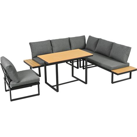 Ensemble repas de jardin en configuration d'angle, dossier inclinable sur 5 positions jusqu'à 55°. Structure en tube d'acier galvanisé, plateau en bois plastique, incluant table à manger. Couleur gris