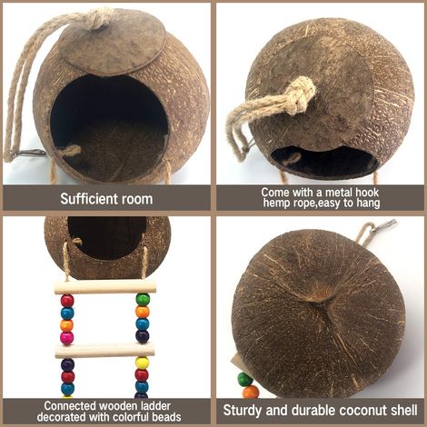 Nichoir en noix de coco avec échelle, nid en fibres de noix de coco naturelles, convient aux perroquets et aux pies, jouet pour oiseaux servant d'abri, accessoire pour cages à oiseaux, fournitures pou (1/4)
