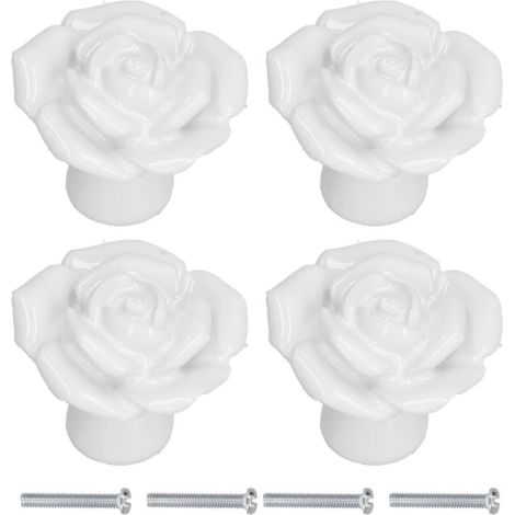 Lot de 4 boutons d'armoire en céramique modernes avec poignée en forme de rose pour la maison, le salon, la chambre à coucher, blanc (1/5)