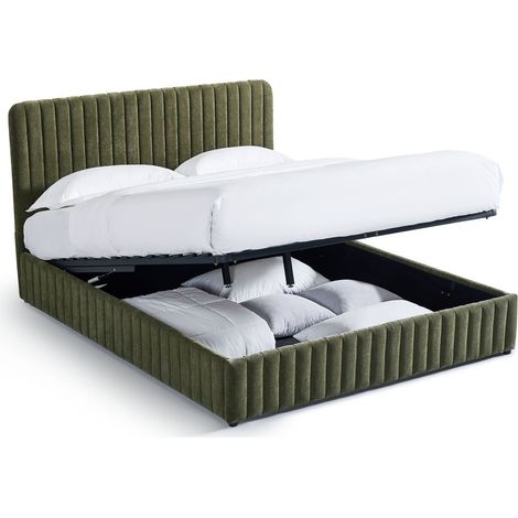 Lit coffre adulte 160x200 cm avec tête de lit capitonnée en tissu chenille vert kaki - Alto