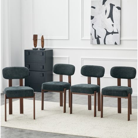 Lote de 4 sillas de comedor en lino con respaldo curvo y patas de metal, estilo mediados de siglo, negro (1/5)