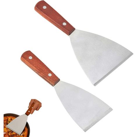 Stainless Steel Spatula with Wooden Handle, BBQ Spatula, Premium Stainless Steel Spatula for Teppanyaki Grilling Meat and Cleaning the Drip Tray, Dishwasher Safe, 2 Pieces (1/5)