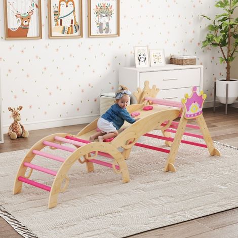 Structure de motricité intérieure 8-en-1 pour enfants en bois, rose HAVRYA (1/5)