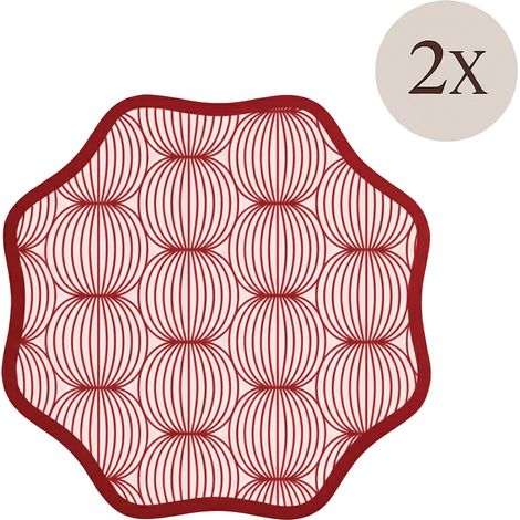 Tovaglietta Americana Kalp, set da 2, Bordo Ondulato, Fantasia Geometrica a Cerchi Intrecciati, Lavabile Made in Italy, 40x40 cm Rosso